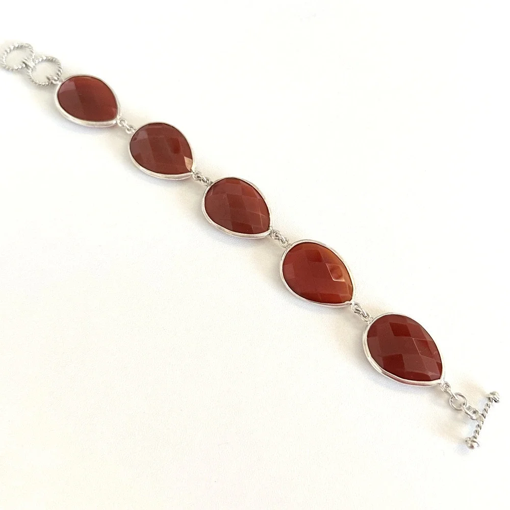 925 Sterling Silver Genuine Carnelian Faceted Teardrop Chain Link Bracelet 7